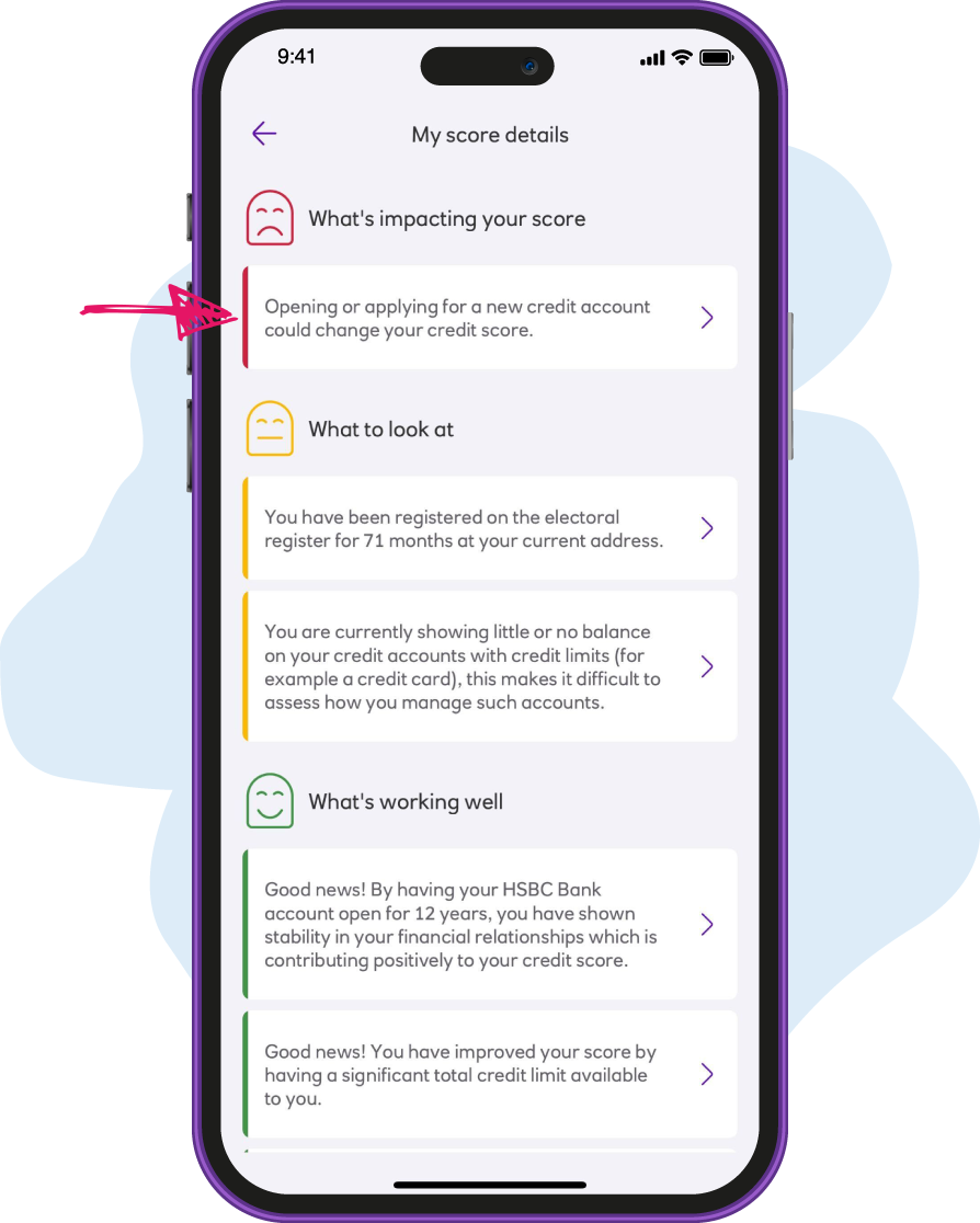 Details of what is impacting your credit score on the mobile app