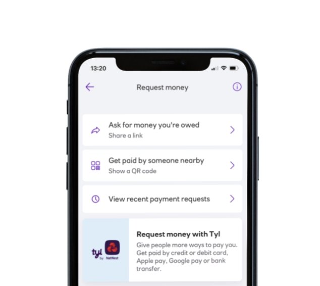 Screenshot of the 'Request money' page of the payit mobile app options: Ask for money you're owed, Get paid by someone nearby, view recent payment requests, Request money with Tyl.