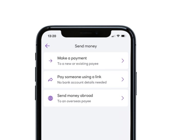 Screenshot of 'Send money' page on payit mobile, with options: Make a payment, Pay someone using a link, Send money abroad.