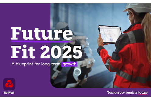 Future Fit 2025: A blueprint for long-term growth with an image of a woman looking at a piece of technology.