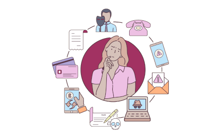 Illustration of a woman surrounded by learning-related icons.
