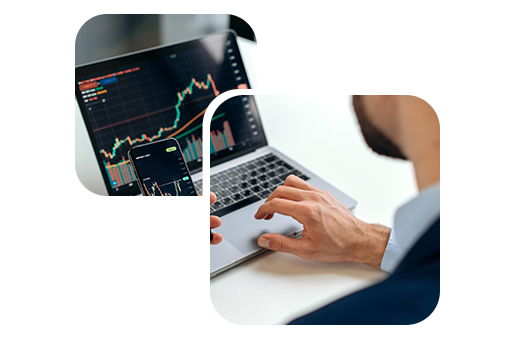 A man sat in front of a laptop displaying a simplistic but colourful line chart.