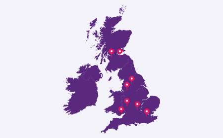 A map of the UK with pins in various locations to show where the ventures team operate.