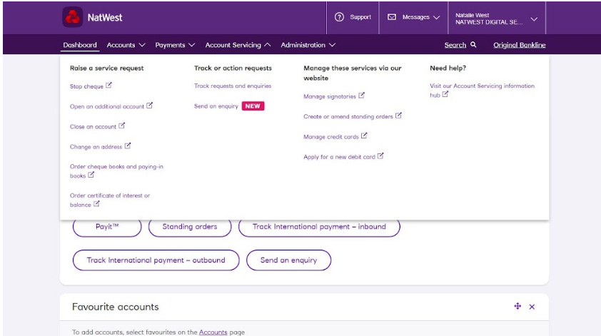 An image of the Bankline account servicing page