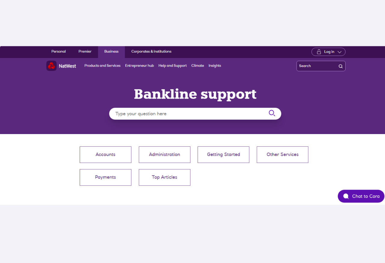 An image of the Bankline support page