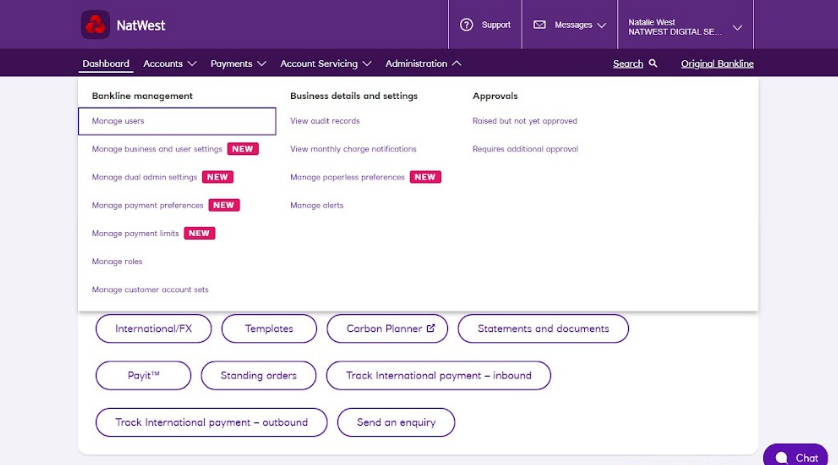 An image of the Bankline administration section
