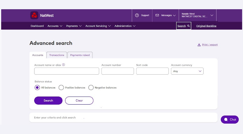 An image of the Bankline search section