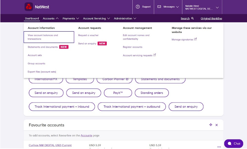 An image of the Bankline accounts section