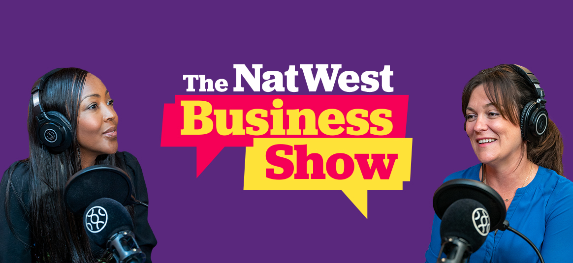 Photo of Angellica Bell and Alex Depledge, MBE in front of the NatWest Business show graphic