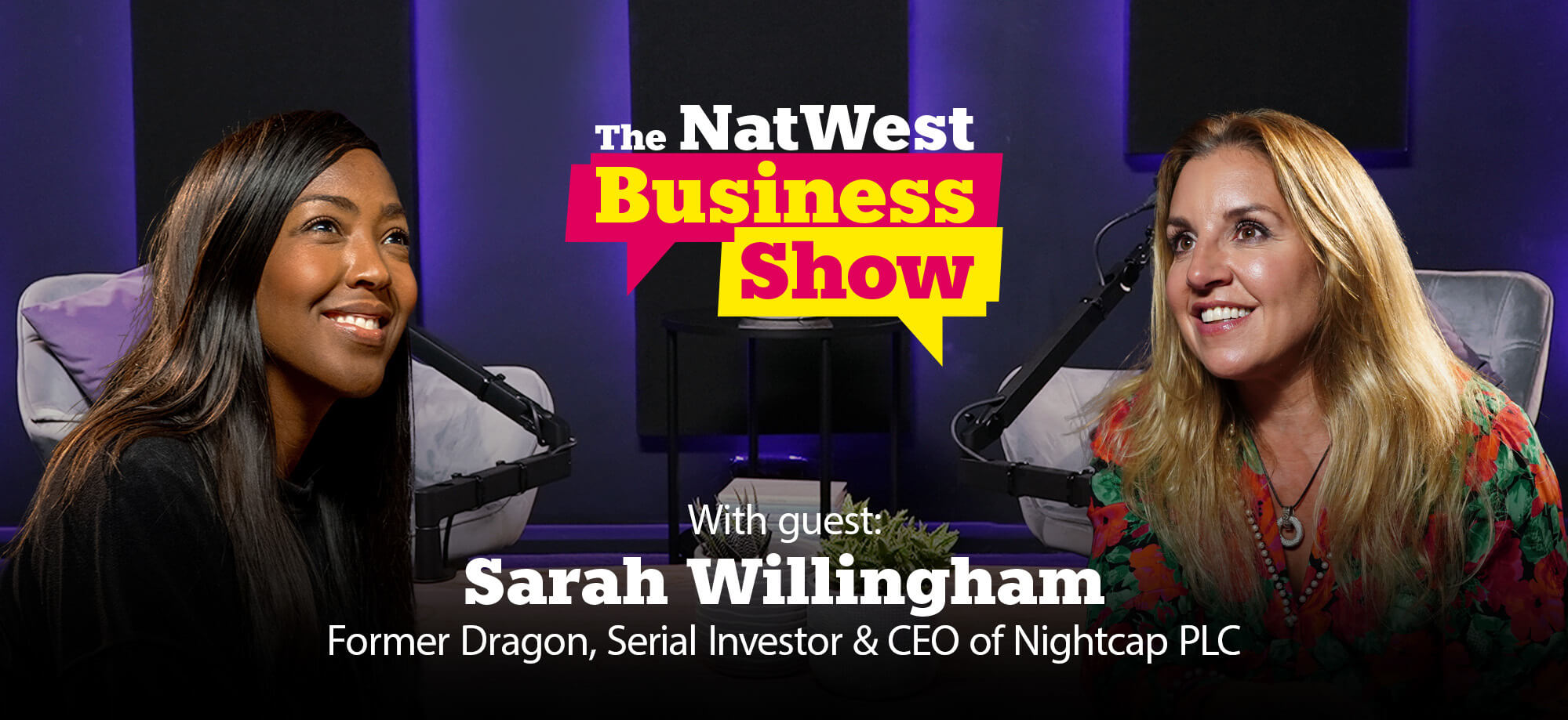 Angelica Bell and Sarah Willingham in front of Business Show logo