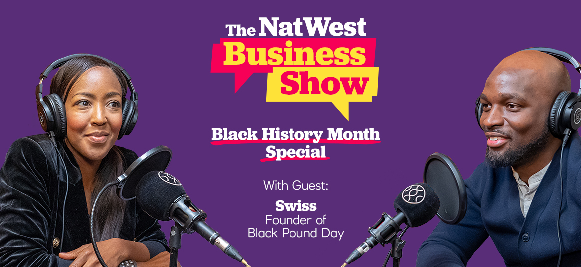 Photo of Angellica Bell & Swiss with The NatWest Business Show graphic in the background