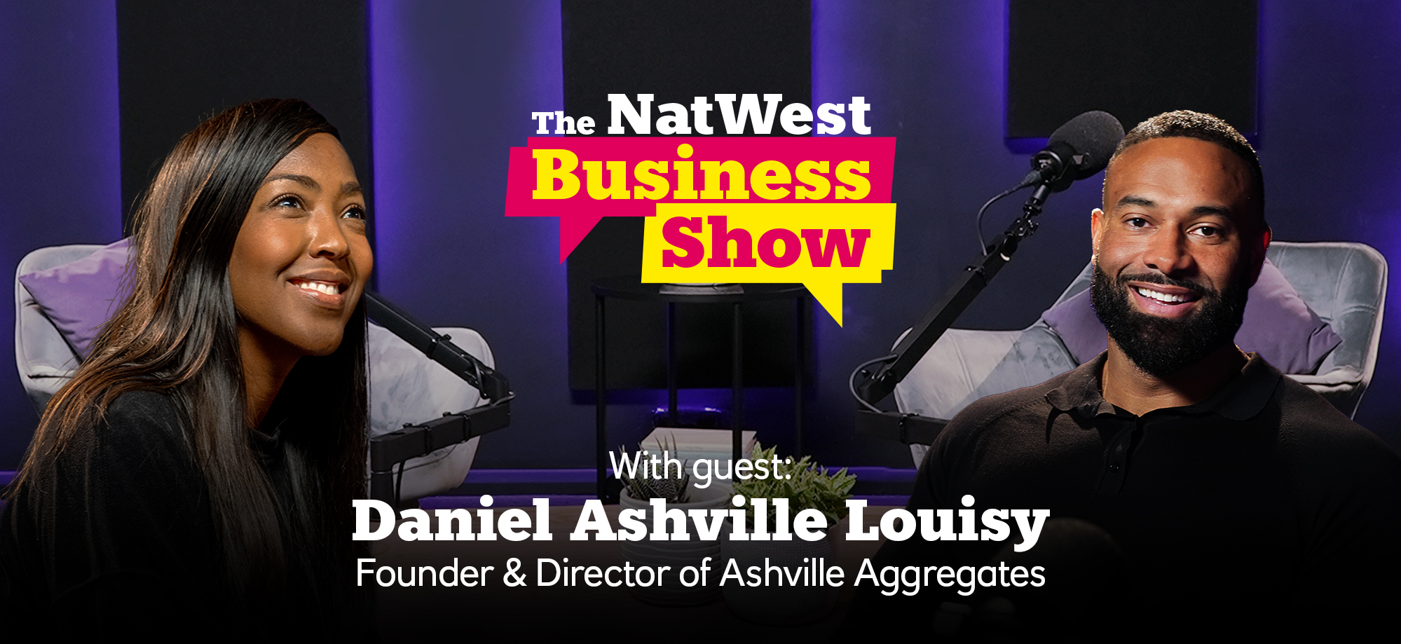 Photo of Daniel Ashville Louisy and Angellica Bell. with a graphic of the Business Show in the background