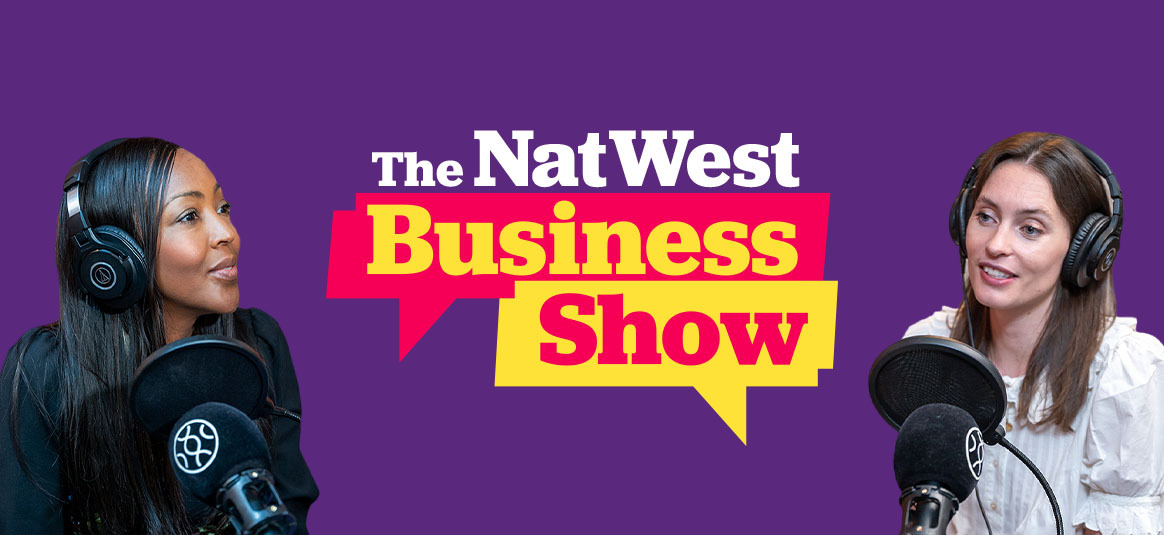 Photo of Angellica Bell and Ella Mills on a background illustration of The NatWest Business Show 