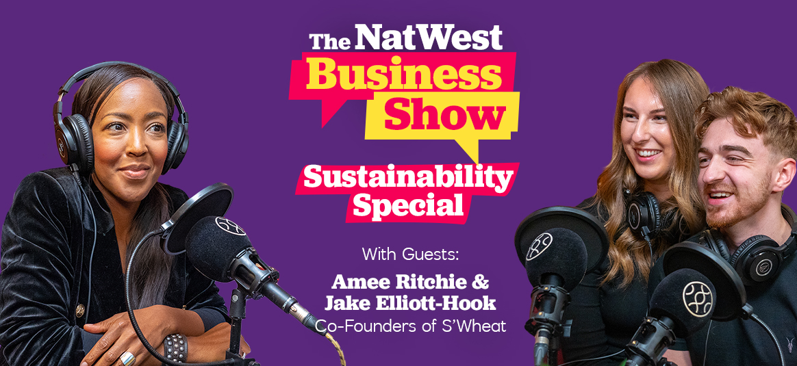 Photo of Angellica Bell with Aimee Ritchie & Jake Elliot-Hook in front of a background illustration of The NatWest Business Show 