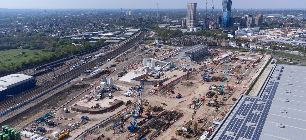 aerial view of major construction site next to a London rail hub