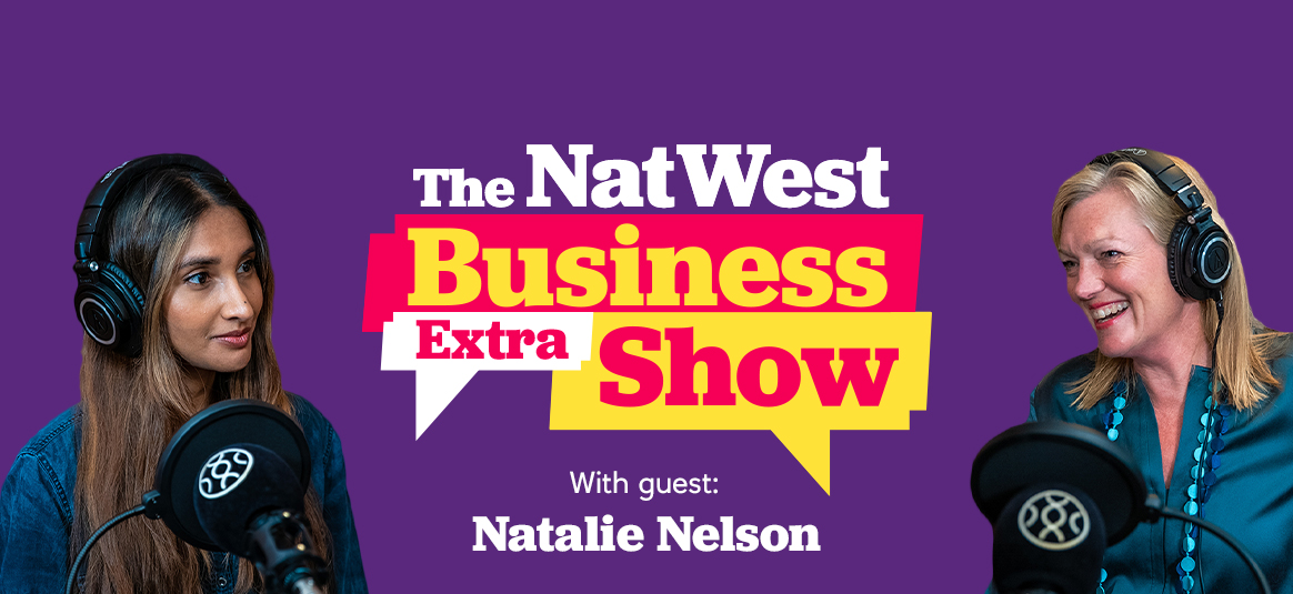 Photo of Holly Mackay and Eshita Kabra-Davies on a background illustration of The NatWest Business Show 