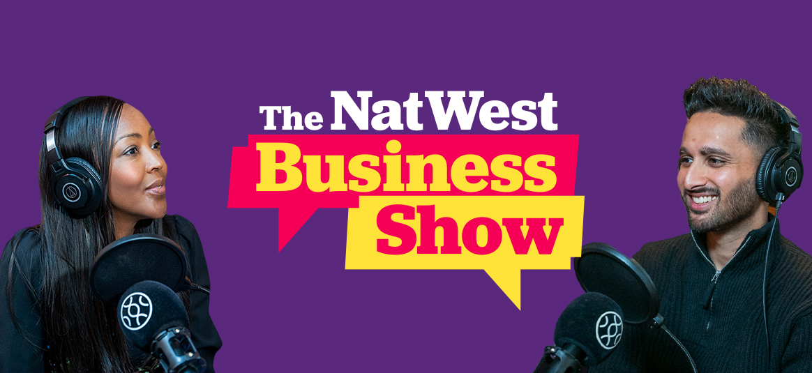 Photo of Angellica Bell and Adnan Ebrahim in front of the NatWest Business Show graphic