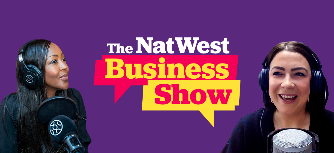 Photo of Angellica Bell and Laura Southern in front of the NatWest Business Show graphic