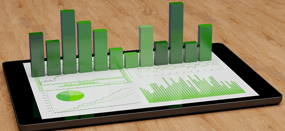 graphic of a 3d bar chart emerging from a laptop computer