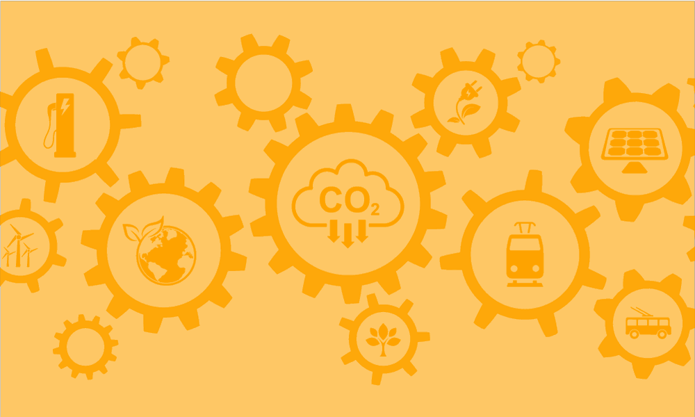 Carbonimics 101 illustration featuring cogs with sustainable icons on orange and yellow background