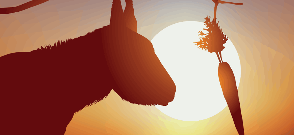 graphic of a donkey and a carrot with sun behind