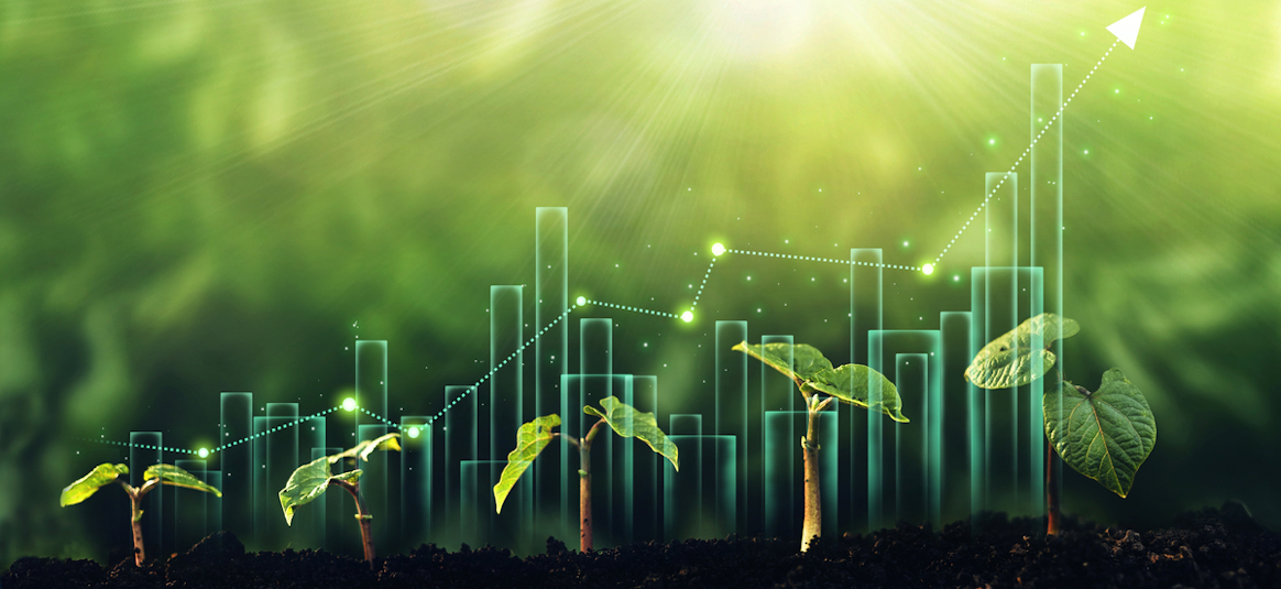 5 young green plants set against a green background of illustrated graph