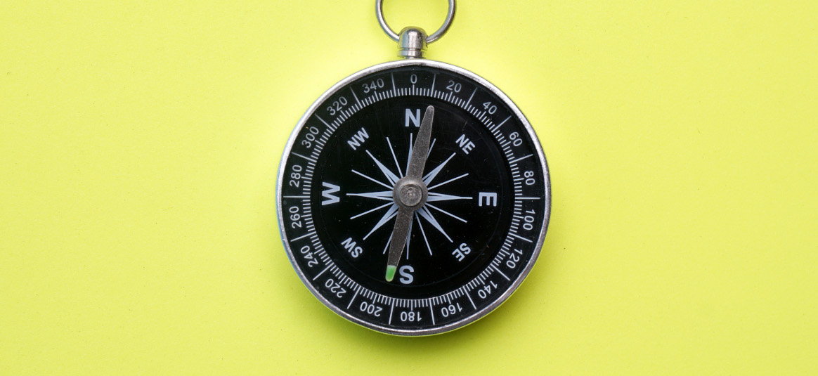 Photo of a compass pointing south on a pale lime background