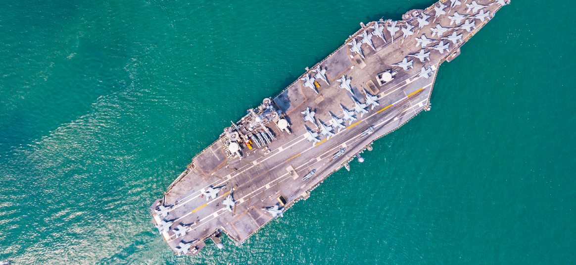 An aerial view of aircrafts on a ship