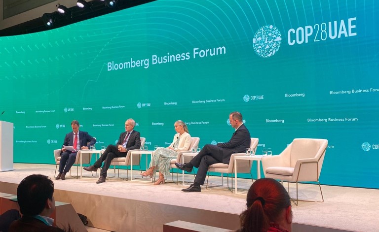 Caroline Haas taking part in the “Navigating Climate Risk Management and Scenario Analysis" panel, at the Bloomberg Climate Business Forum.