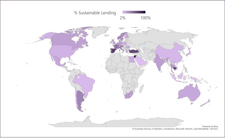 World map view of most active countries for sustainable lending, YTD 2022
