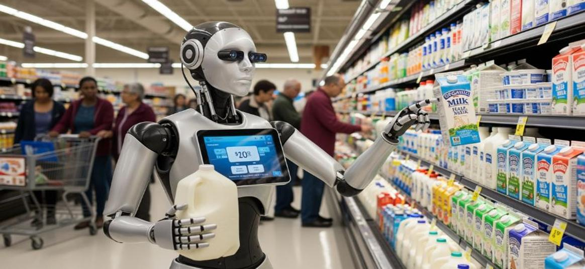 Robot picking milk in a grocery store