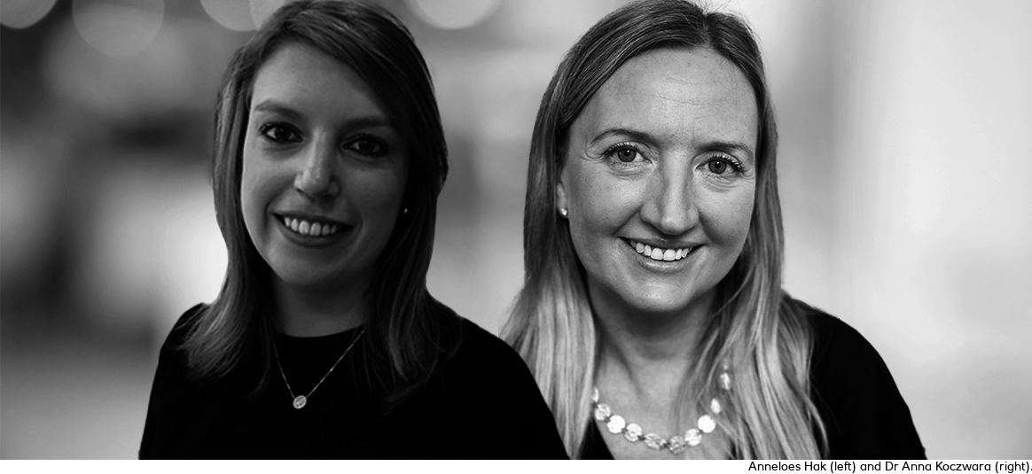 Decorative image featuring Anneloes Hak, left, and Dr Anna Koczwara.