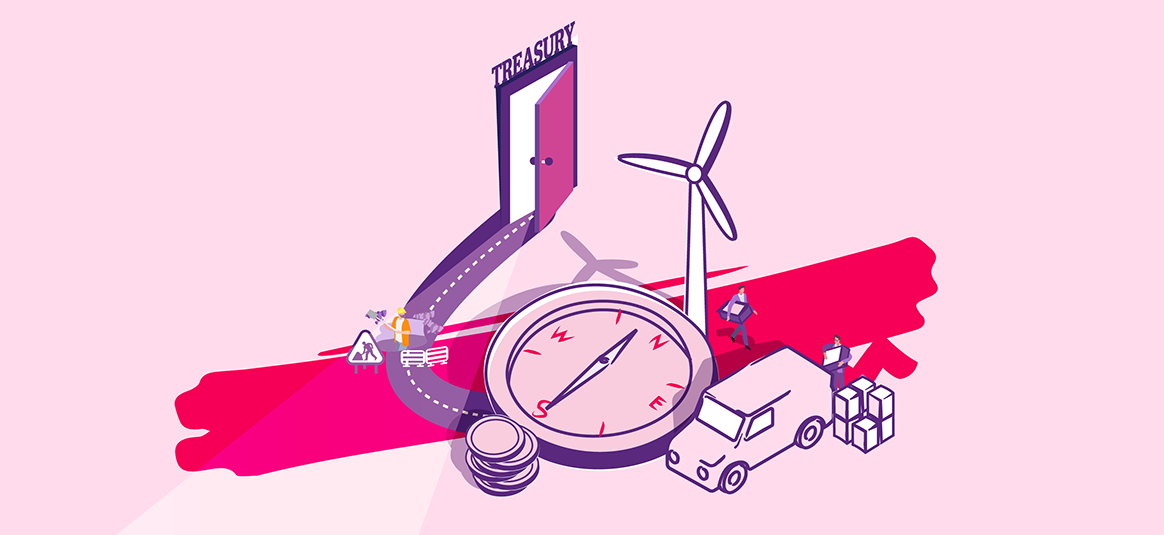 Abstract illustration a compass, coins, wind turbine and treasury door on a pink background