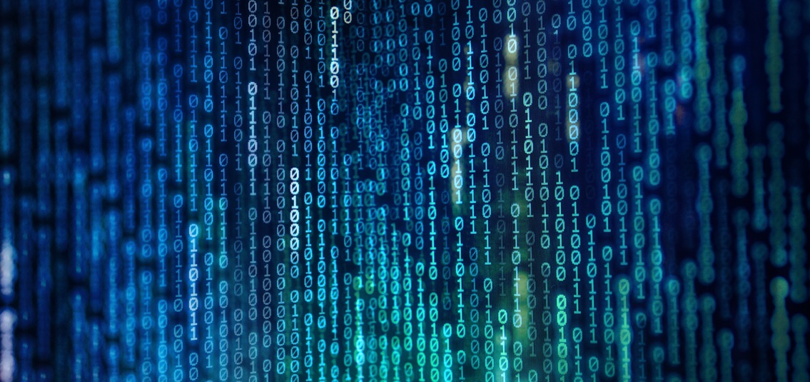columns of binary code flowing down a computer screen, Matrix style