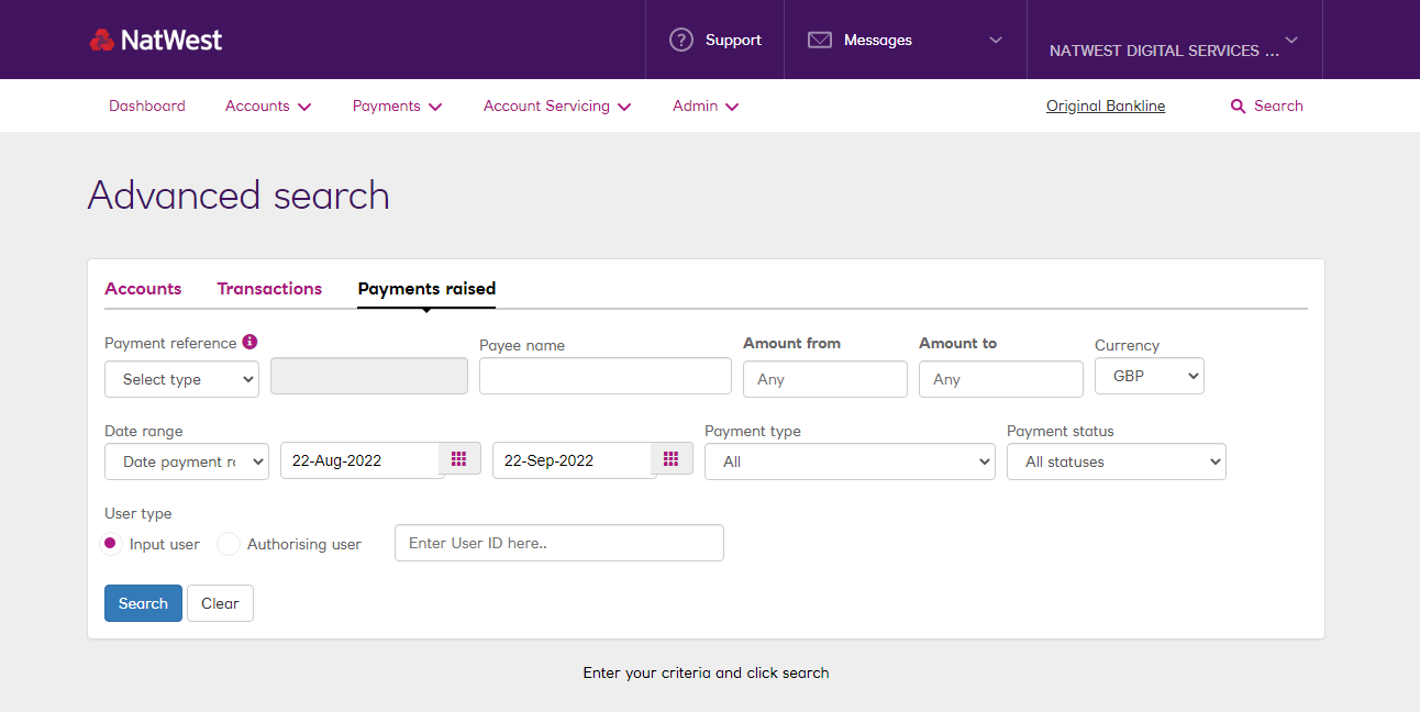 Screenshot of Bankline's advanced search feature