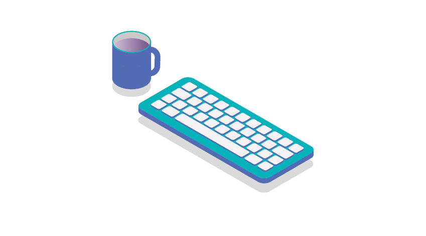 Illustration of a blue mug and keyboard