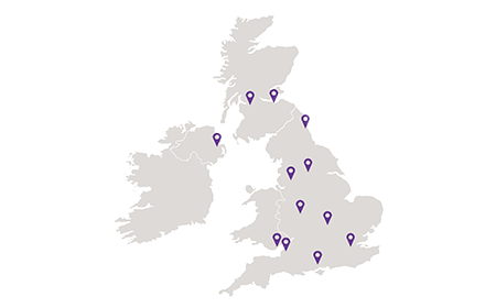 Map of the UK with pins indicating locations of Accelerator Hubs.