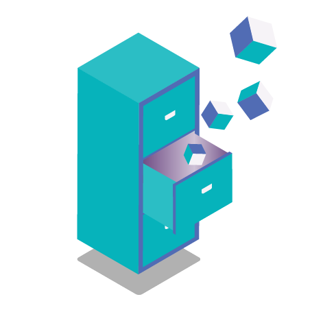 Filing cabinet icon with cubes flying out or into its open drawer.