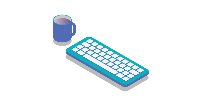 Blue illustration of a mug and a keyboard
