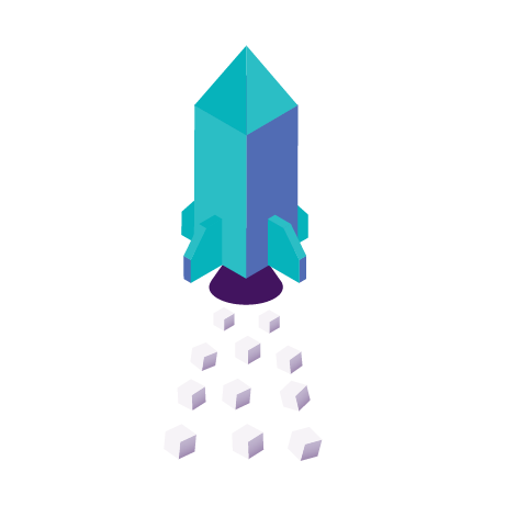 Rocket illustration with cubes falling from thrusters.
