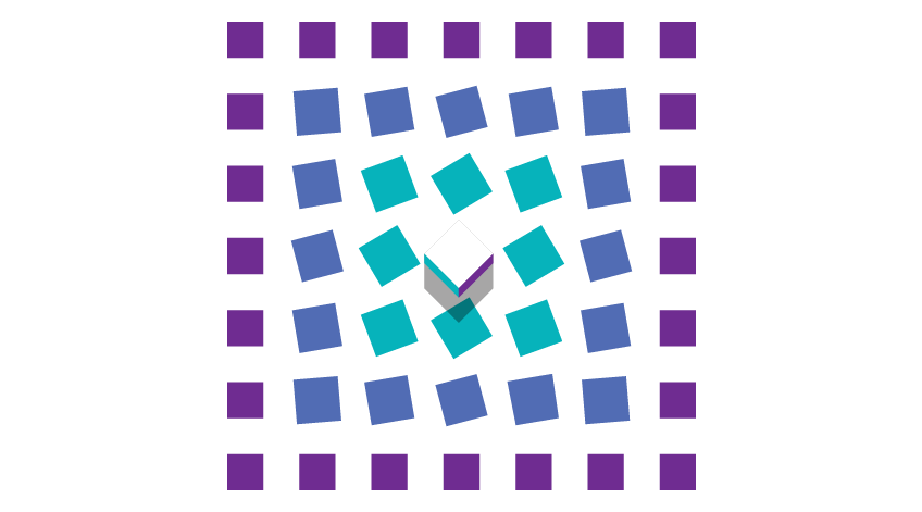 A 3D cube in the centre of a grid of purple and blue squares.