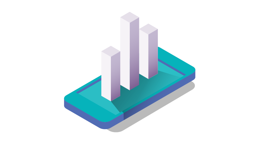 Blue illustration of a mobile phone and a 3D bar chart