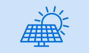 Blue icon of solar panel in front of the sun.
