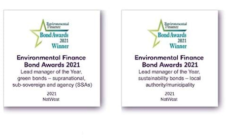 Picture of two NatWest environmental finance bond awards for 2021