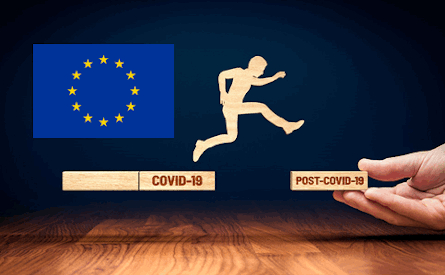Image of EU flag and stepping from covid19 to post covid19