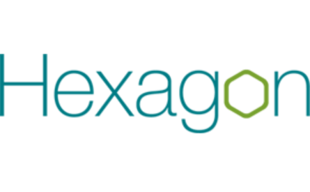 'Hexagon' - teal font on white background, with green hexagon shape representing letter 'o'. 