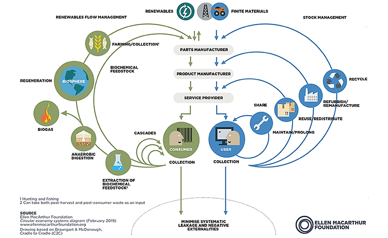 An infographic created by the Ellen Macarthur Foundation depicting the continuous flow of materials in a circular economy.