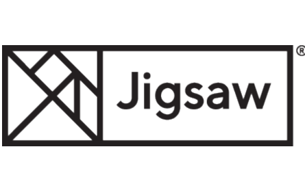 'Jigsaw' registered trademark, black font bordered by black rectangle on white background, beside a square comprised of different-sized triangles.