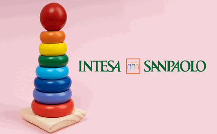 Intesa Sanpaulo logo on photo of wooden childs toy