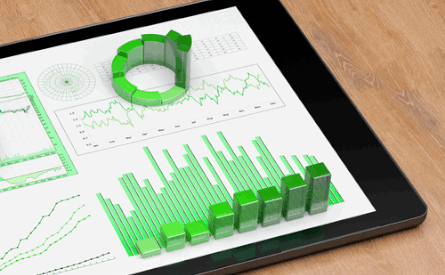 Photo of a tablet showing green charts